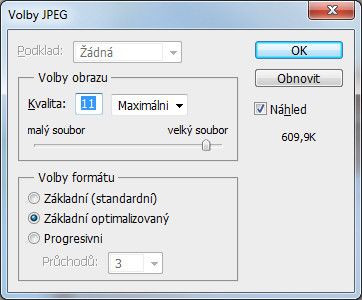 Snímky k minilabovému tisku ukládejte v sRGB barvovém prostoru jako kvalitní JPEG soubory (zde volba Adobe Photoshopu)