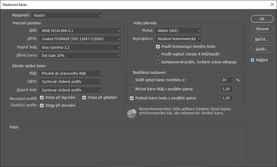 Nastavení správy barev v aplikaci Adobe Photoshop (menu Úpravy – Nastavení barev)