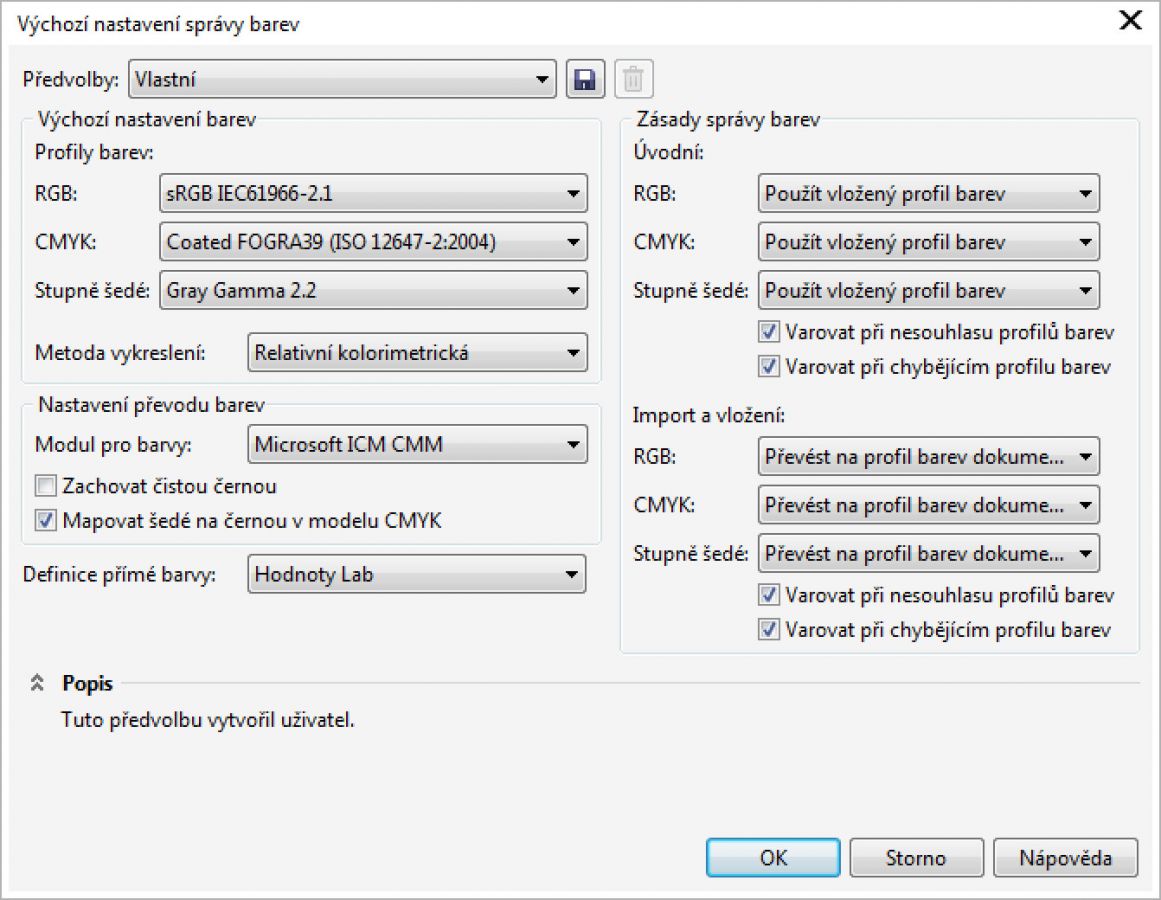 Správa barev Corel PHOTO-PAINTu (menu Nástroje – Správa barev – Výchozí nastavení)